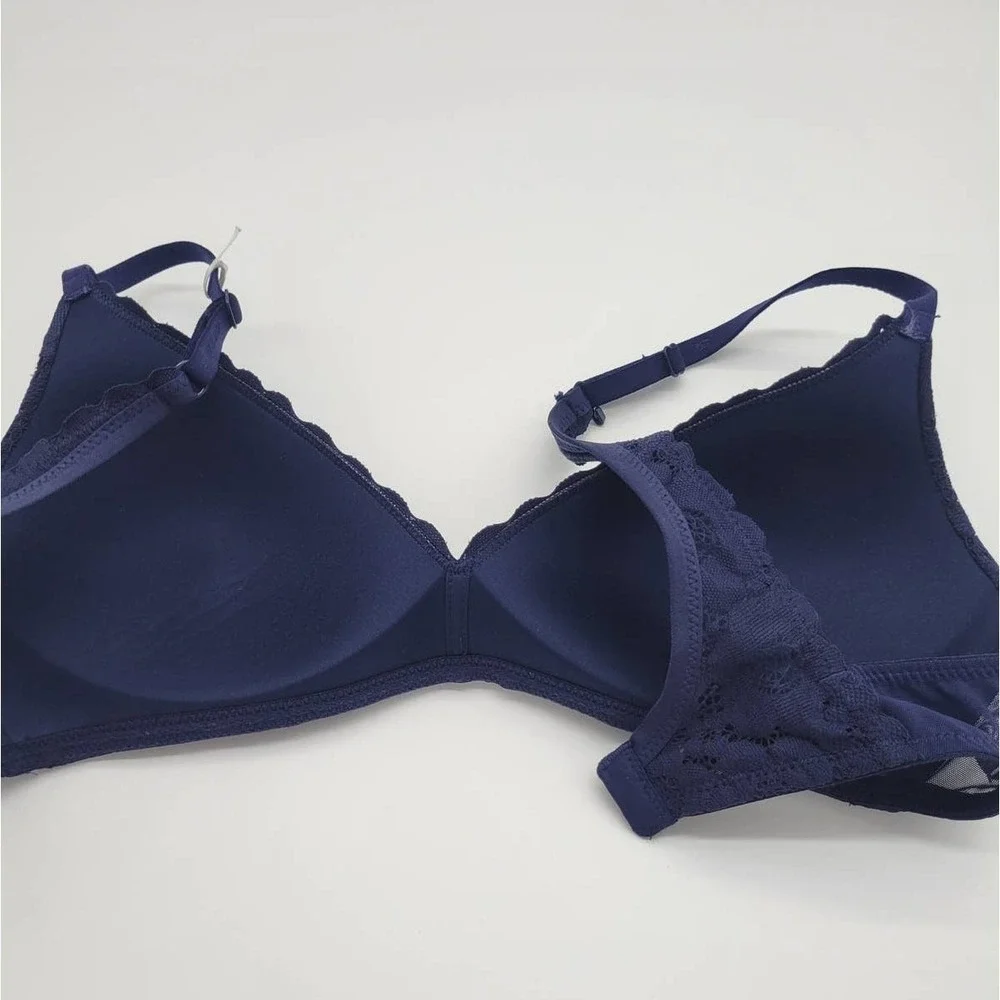 Aerie Wireless Bra Floral Lace Scalloped Padded Comfort Lingerie Navy Blue 34C